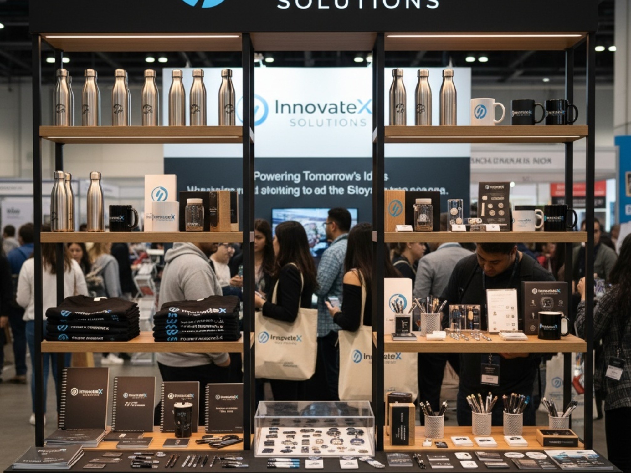 展示会ブースで配布される企業ノベルティ（名入れペーパーウエイト）